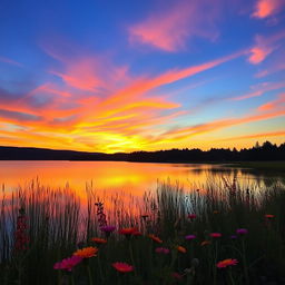 A serene sunset over a tranquil lake, with colorful reflections of the sky in the water