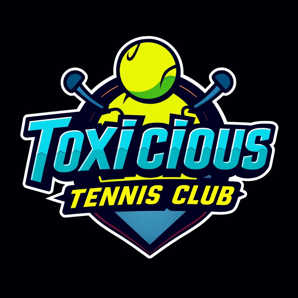 A striking logo for 'Toxicious Tennis Club', featuring bold typography and dynamic design elements