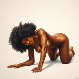 A polished, oil-based painting depicting a full nude body view of a gorgeous black woman with an afro and beautiful breasts, crawling sensually towards the viewer