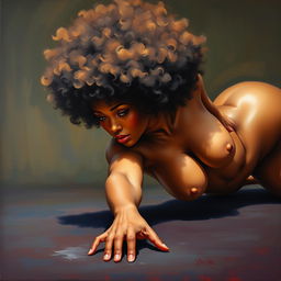 A polished, oil-based painting depicting a full nude body view of a gorgeous black woman with an afro and beautiful breasts, crawling sensually towards the viewer