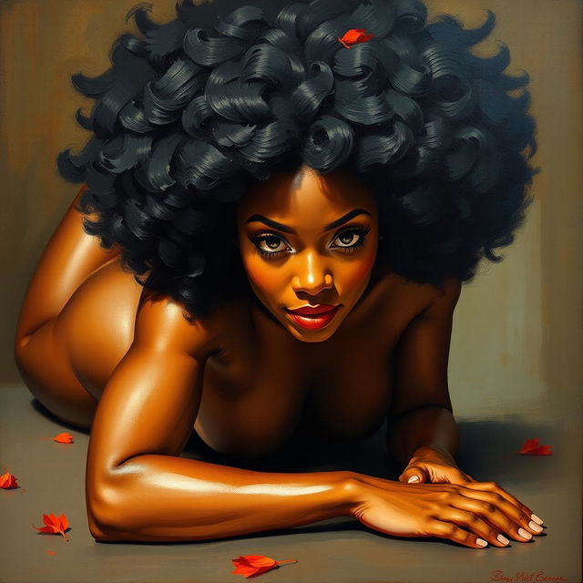 A polished, oil-based painting depicting a full nude body view of a gorgeous black woman with an afro and beautiful breasts, crawling sensually towards the viewer