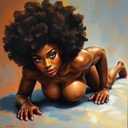 A polished, oil-based painting depicting a full nude body view of a gorgeous black woman with an afro and beautiful breasts, crawling sensually towards the viewer