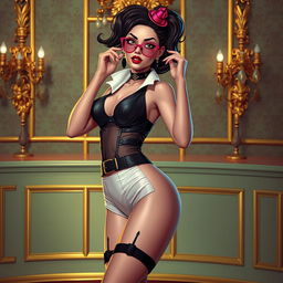 A playful and alluring depiction of a woman inspired by fashion and style reminiscent of the game 'Lula: The Sexy Empire'