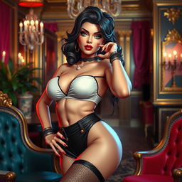 A playful and alluring depiction of a woman inspired by fashion and style reminiscent of the game 'Lula: The Sexy Empire'