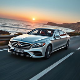 a luxurious and elegant image of a Mercedes W213 driving along a coastal road, highlighting its sophisticated design and premium features