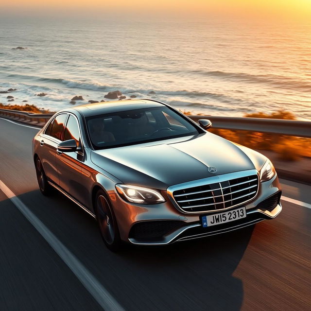 a luxurious and elegant image of a Mercedes W213 driving along a coastal road, highlighting its sophisticated design and premium features