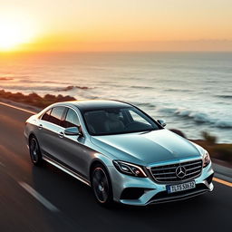 a luxurious and elegant image of a Mercedes W213 driving along a coastal road, highlighting its sophisticated design and premium features