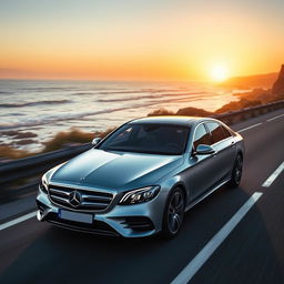 a luxurious and elegant image of a Mercedes W213 driving along a coastal road, highlighting its sophisticated design and premium features