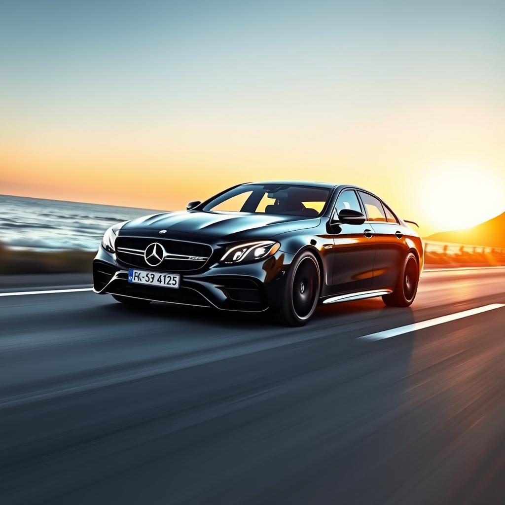 an exhilarating and upscale image of a Mercedes E63s W213 driving along a picturesque coastal highway, emphasizing its powerful stance and luxurious design