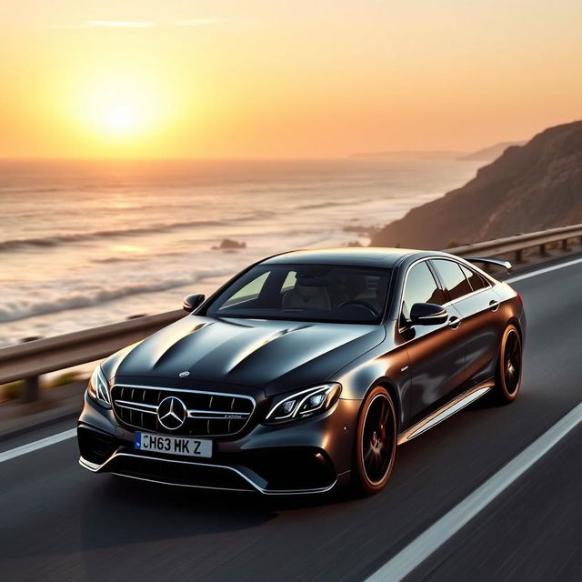 an exhilarating and upscale image of a Mercedes E63s W213 driving along a picturesque coastal highway, emphasizing its powerful stance and luxurious design