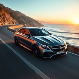 an exhilarating and upscale image of a Mercedes E63s W213 driving along a picturesque coastal highway, emphasizing its powerful stance and luxurious design