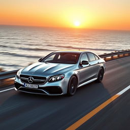 an exhilarating and upscale image of a Mercedes E63s W213 driving along a picturesque coastal highway, emphasizing its powerful stance and luxurious design