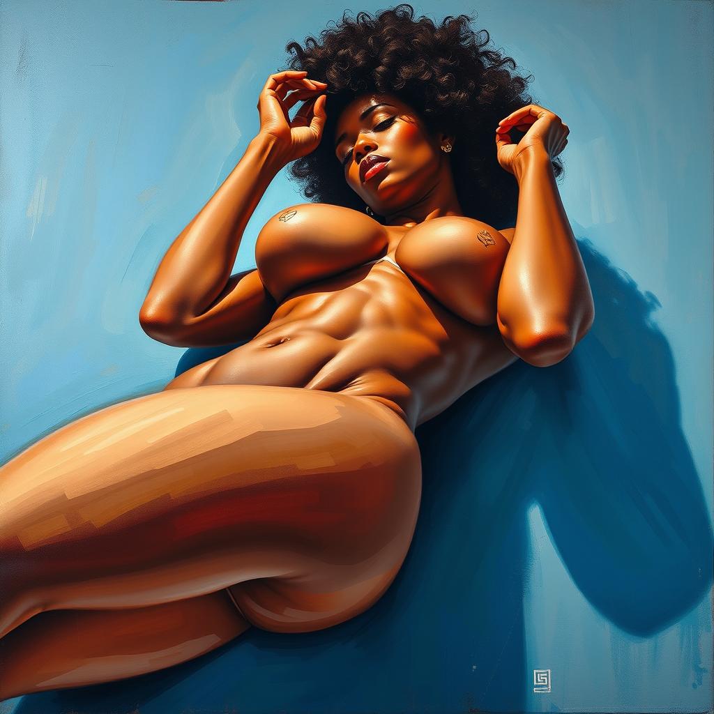 A polished, oil-based painting depicting a full nude body view of a gorgeous black woman with an afro and beautiful breasts in a sensual pose, viewed from a ground-up perspective