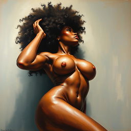 A polished, oil-based painting depicting a full nude body view of a gorgeous black woman with an afro and beautiful breasts in a sensual pose, viewed from a ground-up perspective