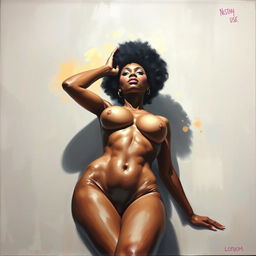 A polished, oil-based painting depicting a full nude body view of a gorgeous black woman with an afro and beautiful breasts in a sensual pose, viewed from a ground-up perspective