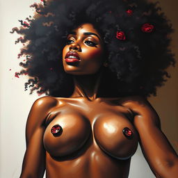 A polished, oil-based painting depicting a full nude body view of a gorgeous black woman with an afro and beautiful breasts in a sensual pose, captured from a ground-up point of view