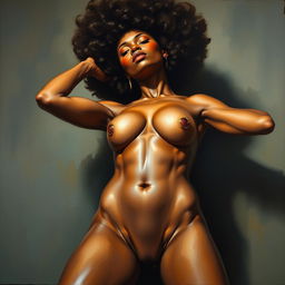 A polished, oil-based painting depicting a full nude body view of a gorgeous black woman with an afro and beautiful breasts in a sensual pose, captured from a ground-up point of view