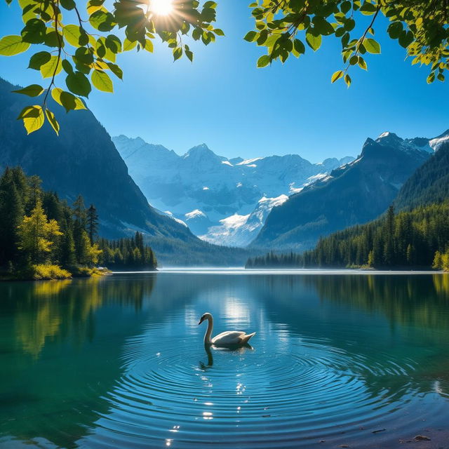 A mystical landscape, featuring a serene lake surrounded by lush, verdant forests