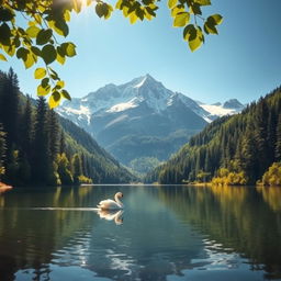 A mystical landscape, featuring a serene lake surrounded by lush, verdant forests