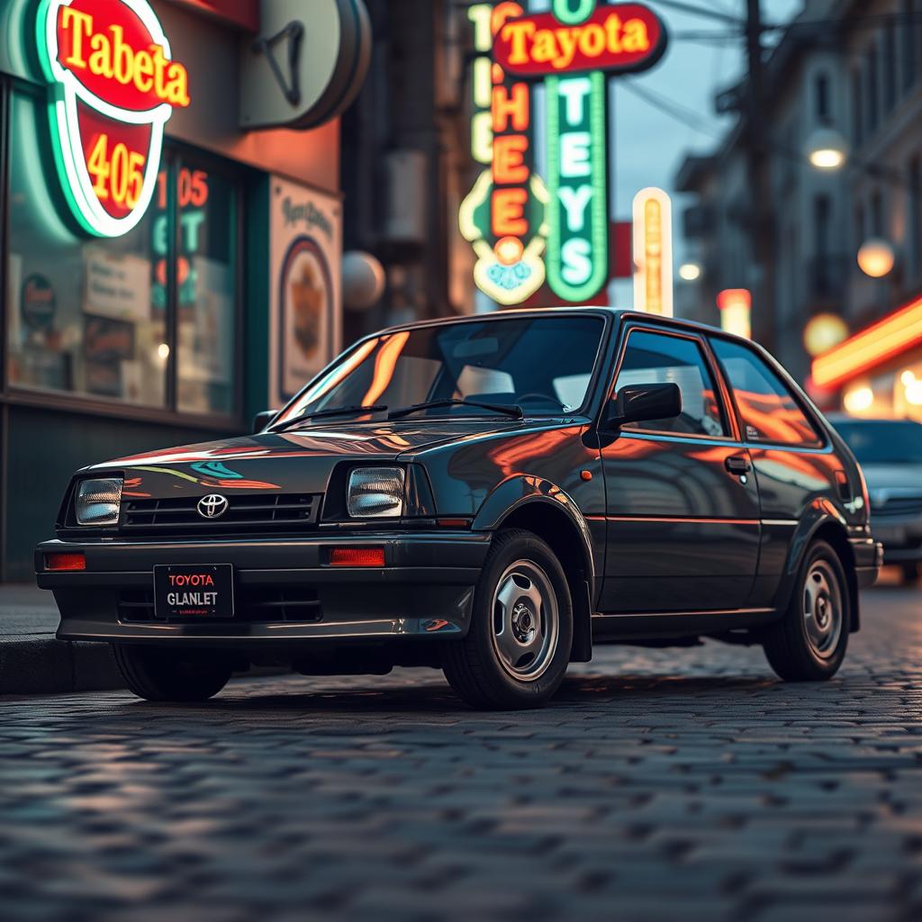 a nostalgic and classic image of a Toyota Starlet Glanza parked in a retro-themed urban environment, emphasizing its compact and sporty design