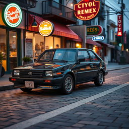 a nostalgic and classic image of a Toyota Starlet Glanza parked in a retro-themed urban environment, emphasizing its compact and sporty design