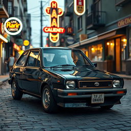 a nostalgic and classic image of a Toyota Starlet Glanza parked in a retro-themed urban environment, emphasizing its compact and sporty design