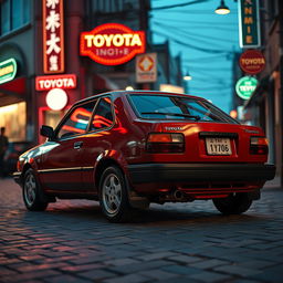 a nostalgic and classic image of a Toyota Starlet Glanza parked in a retro-themed urban environment, emphasizing its compact and sporty design