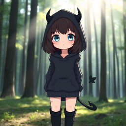 A girl with a pretty face and big blue eyes, shoulder-length dark brown hair, wearing a black hoodie with small black horns and a matching black tail