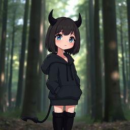 A girl with a pretty face and big blue eyes, shoulder-length dark brown hair, wearing a black hoodie with small black horns and a matching black tail