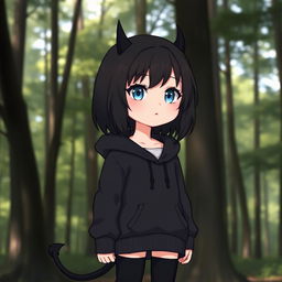 A girl with a pretty face and big blue eyes, shoulder-length dark brown hair, wearing a black hoodie with small black horns and a matching black tail