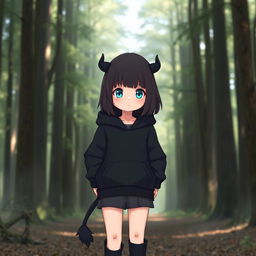 A girl with a pretty face and big blue eyes, shoulder-length dark brown hair, wearing a black hoodie with small black horns and a matching black tail