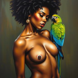 A polished, oil-based painting depicting a full nude body view of a gorgeous black woman with an afro and beautiful breasts in a sensual pose, accompanied by a vibrant green macaw perched on her shoulder