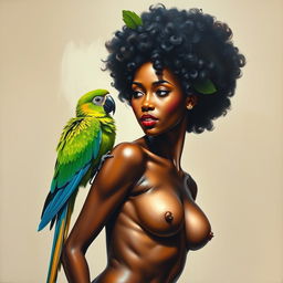 A polished, oil-based painting depicting a full nude body view of a gorgeous black woman with an afro and beautiful breasts in a sensual pose, accompanied by a vibrant green macaw perched on her shoulder