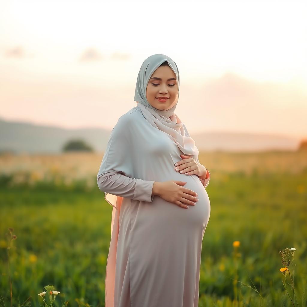 A serene and beautiful pregnant woman wearing a hijab, standing in a picturesque meadow