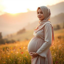 A serene and beautiful pregnant woman wearing a hijab, standing in a picturesque meadow