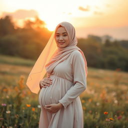 A serene and beautiful pregnant woman wearing a hijab, standing in a picturesque meadow