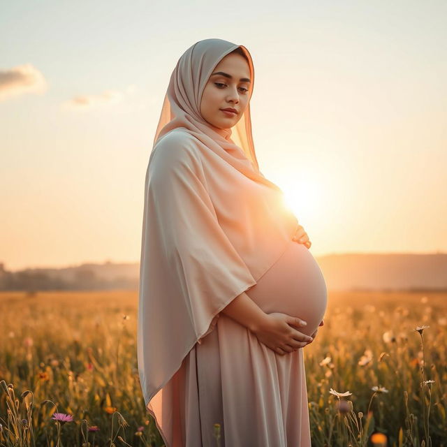 A serene and beautiful pregnant woman wearing a hijab, standing in a picturesque meadow