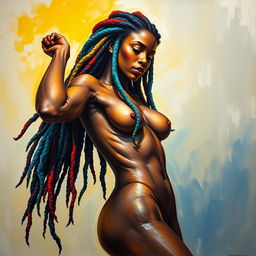 A polished, oil-based painting depicting a full nude body view of a gorgeous black woman with macaw-colored dreadlocks and beautiful breasts in a sensual pose