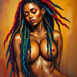 A polished, oil-based painting depicting a full nude body view of a gorgeous black woman with macaw-colored dreadlocks and beautiful breasts in a sensual pose