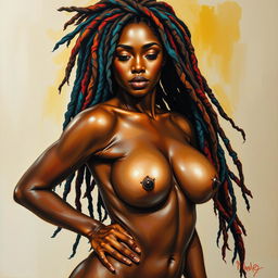 A polished, oil-based painting depicting a full nude body view of a gorgeous black woman with macaw-colored dreadlocks and beautiful breasts in a sensual pose