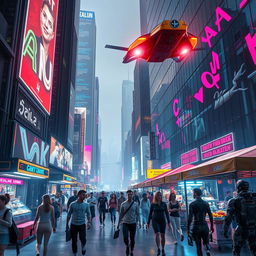 A hyper-realistic scene set in a bustling futuristic city