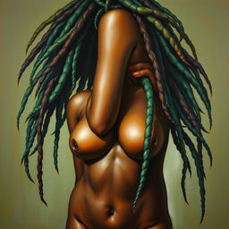 A polished, oil-based painting depicting a full nude body view of a gorgeous black woman with sheen green macaw-colored dreadlocks and beautiful breasts in a sensual pose