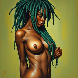 A polished, oil-based painting depicting a full nude body view of a gorgeous black woman with sheen green macaw-colored dreadlocks and beautiful breasts in a sensual pose