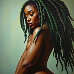 A polished, oil-based painting depicting a full nude body view of a gorgeous black woman with sheen green macaw-colored dreadlocks and beautiful breasts in a sensual pose