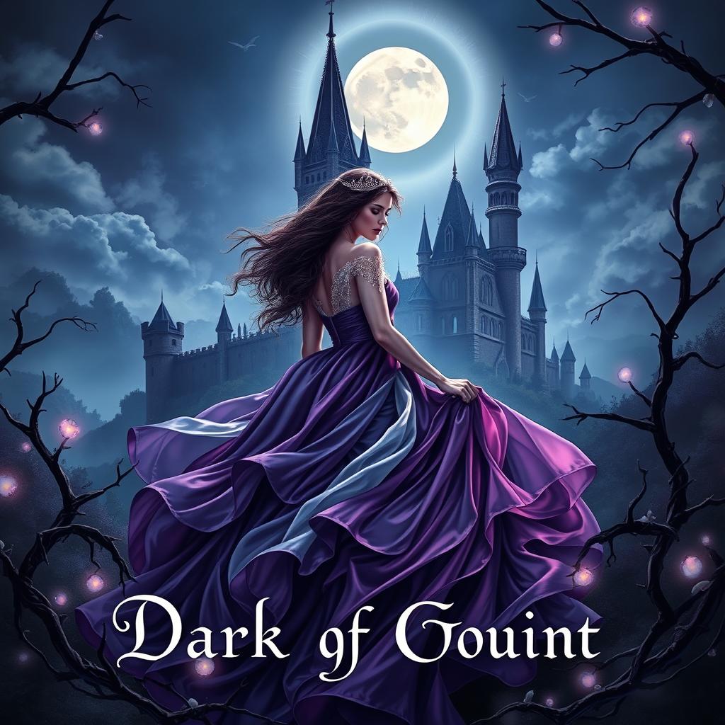 A realistic dark fantasy gothic book cover depicting a princess in a flowing gown under a night sky