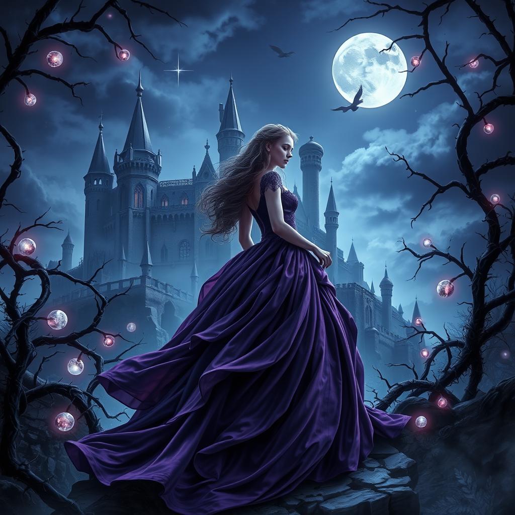 A realistic dark fantasy gothic book cover depicting a princess in a flowing gown under a night sky