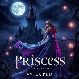 A realistic dark fantasy gothic book cover depicting a princess in a flowing gown under a night sky