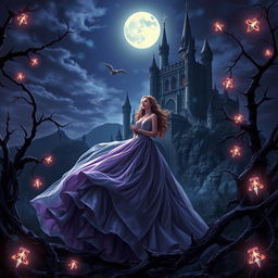 A realistic dark fantasy gothic book cover depicting a princess in a flowing gown under a night sky