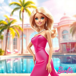 A glamorous and stylish Barbie, featuring her iconic blonde hair, blue eyes, and perfectly styled pink outfit