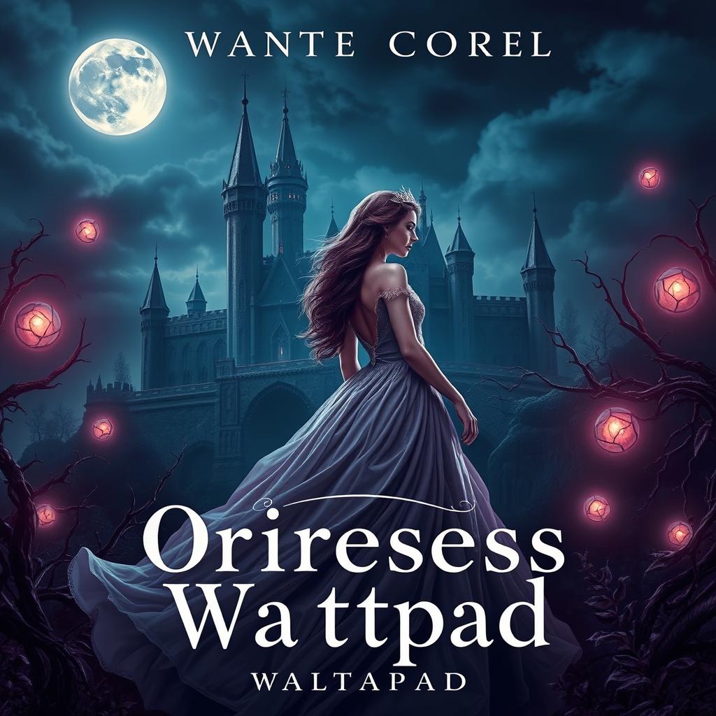 A realistic dark fantasy gothic book cover featuring a princess in a flowing gown under a night sky